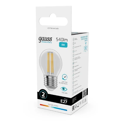 Светодиодная филаментная лампа Gauss FILAMENT ELEMENTARY Шар 8W 540Lm 4100K E27 52228