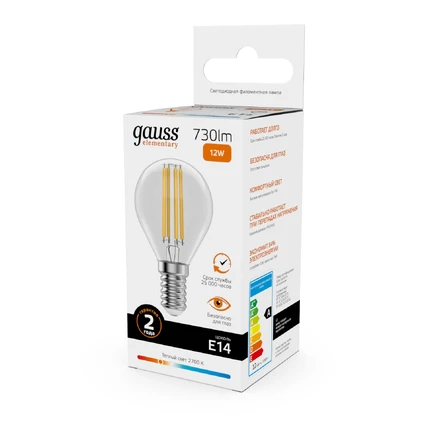 Светодиодная филаментная лампа Gauss FILAMENT ELEMENTARY Шар 12W 730Lm 2700K E14 52112