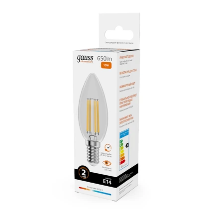 Светодиодная филаментная лампа Gauss FILAMENT ELEMENTARY Свеча 10W 650Lm 2700K E14 32110
