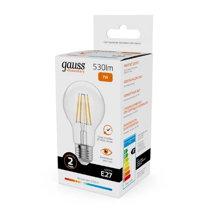 Светодиодная филаментная лампа Gauss FILAMENT ELEMENTARY A60 7W 530Lm 2700K E27 22217