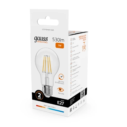 Светодиодная филаментная лампа Gauss FILAMENT ELEMENTARY A60 7W 530Lm 2700K E27 22217