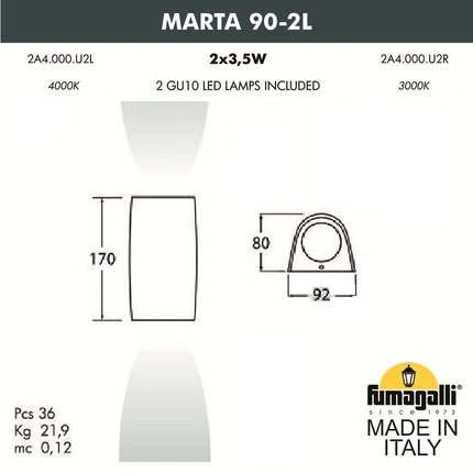 Фасадный светильник Fumagalli MARTA 90-2L 2A4.000.000.WXU2L