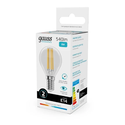 Светодиодная филаментная лампа Gauss FILAMENT ELEMENTARY Шар 8W 540Lm 4100K E14 52128