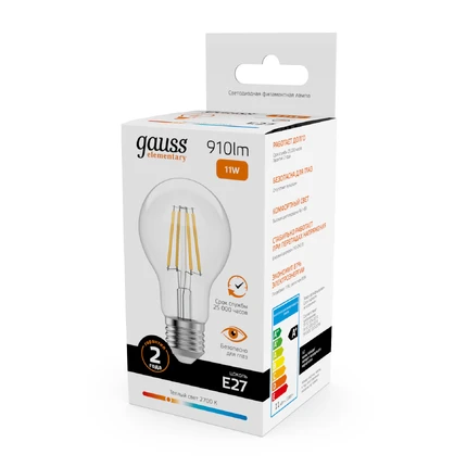 Светодиодная филаментная лампа Gauss FILAMENT ELEMENTARY A60 11W 910Lm 2700K E27 22211