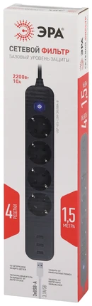 Сетевой фильтр на 4 поста + 3USB Эра USF-4es-1,5m-3xUSBA-B Б0059568