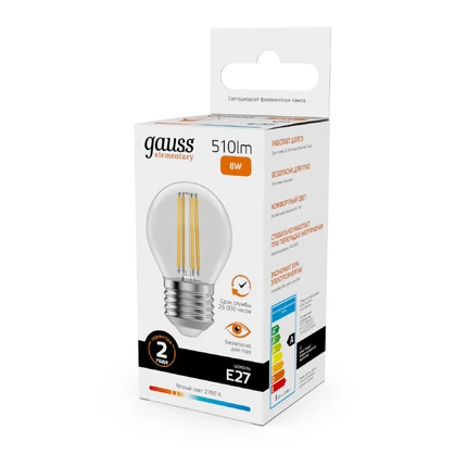 Светодиодная филаментная лампа Gauss FILAMENT ELEMENTARY Шар 8W 510Lm 2700K E27 52218