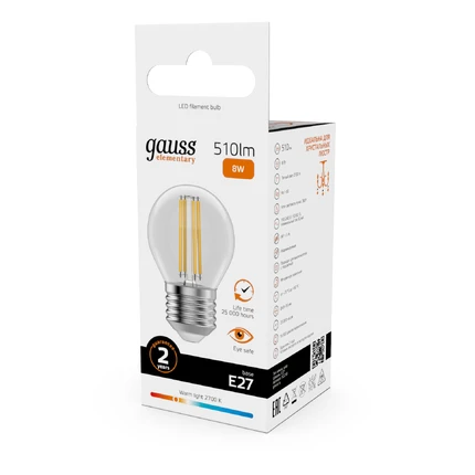 Светодиодная филаментная лампа Gauss FILAMENT ELEMENTARY Шар 8W 510Lm 2700K E27 52218